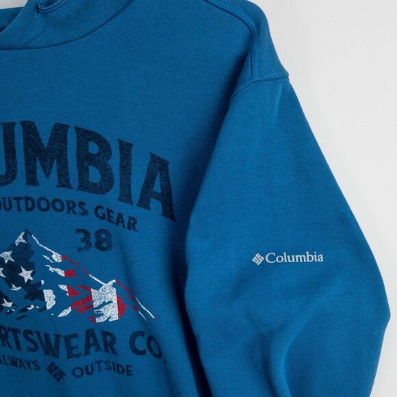 Columbia Graphic Print Hoodie Men’s Medium Blue Pullover Americana Style - Picture 5 of 14